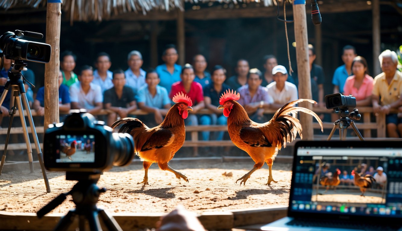 Pertandingan sabung ayam sedang berlangsung di arena kayu dengan beberapa penonton menyaksikan dan peralatan siaran langsung terlihat di sekitar.