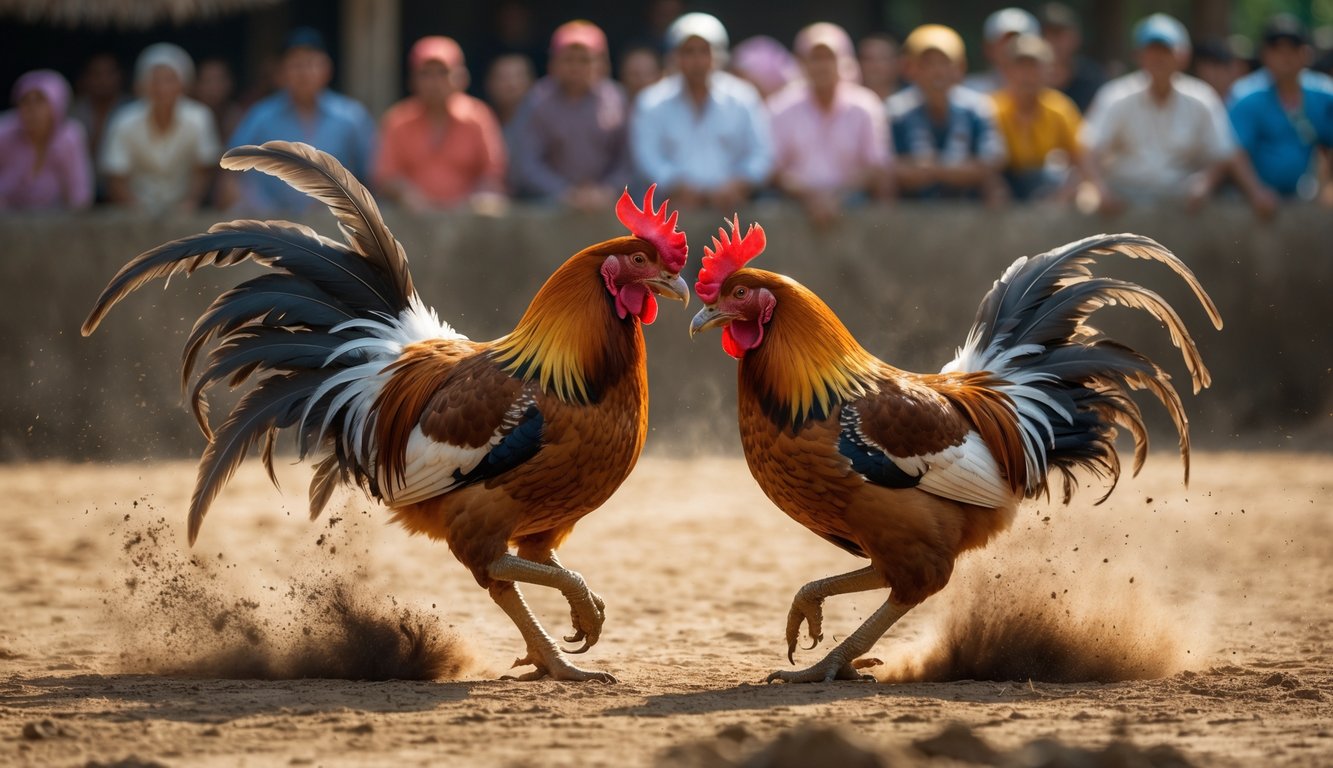 Dua ayam jago sedang bertarung di arena dengan penonton di latar belakang.