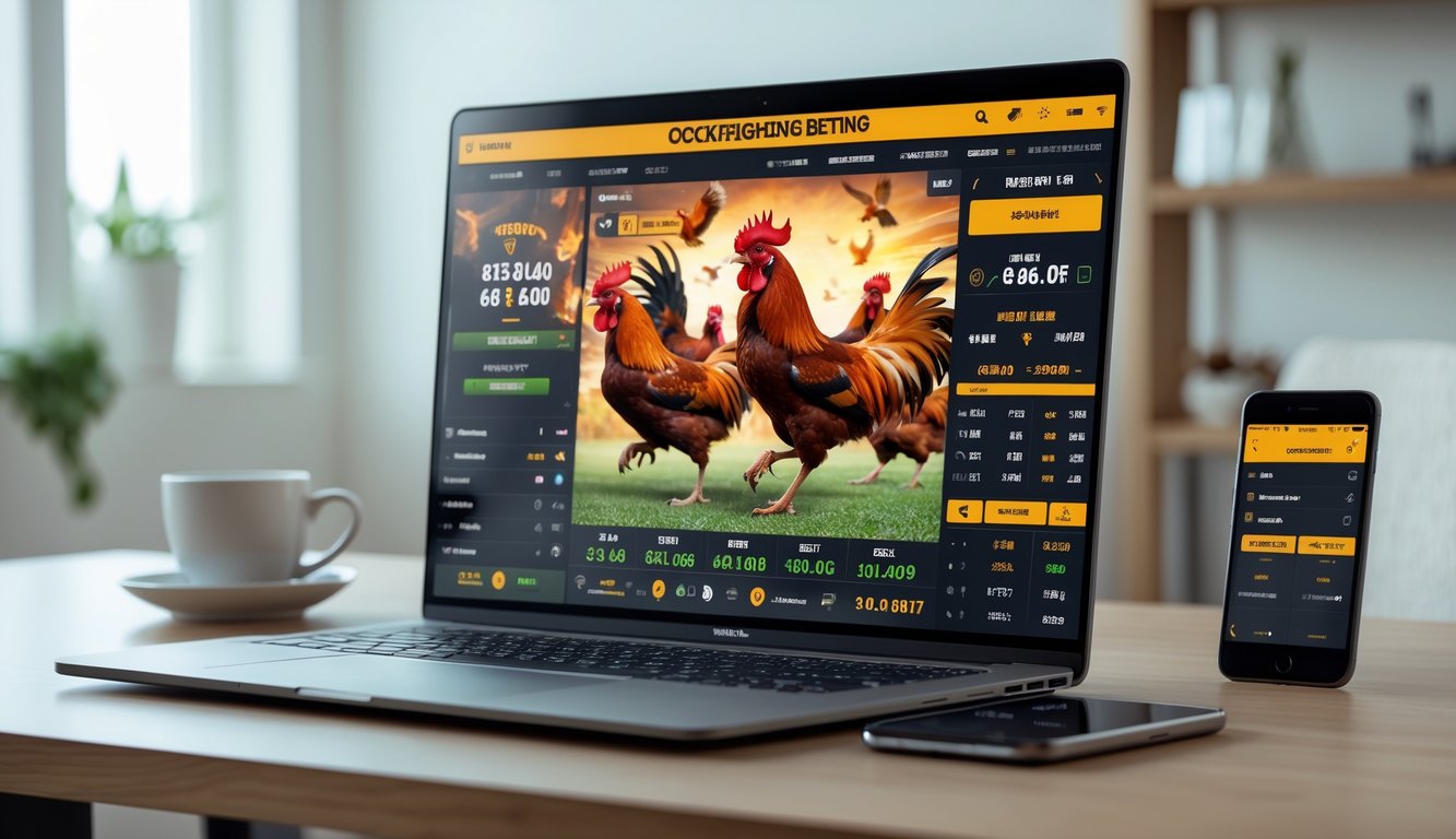 Seorang pria menggunakan laptop di ruang kerja modern yang menampilkan platform taruhan sabung ayam online dengan gambar ayam jago sedang bertarung.