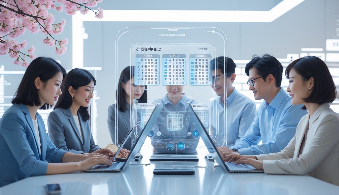 Sekelompok orang muda Asia sedang berinteraksi dengan layar digital transparan yang menampilkan angka dan grafik lotere Jepang.