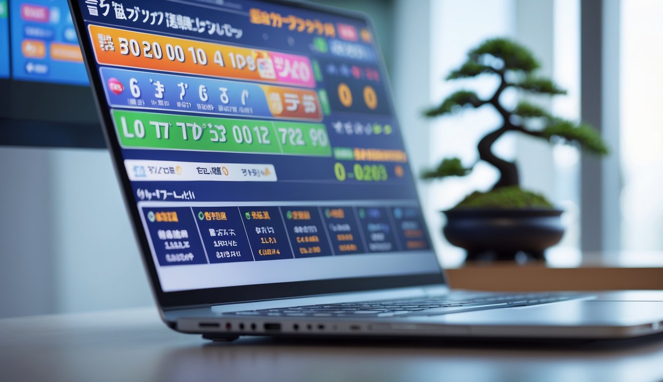 Layar perangkat digital menampilkan grafik dan angka terkait pasar togel Jepang dengan latar kantor modern dan dekorasi minimalis.