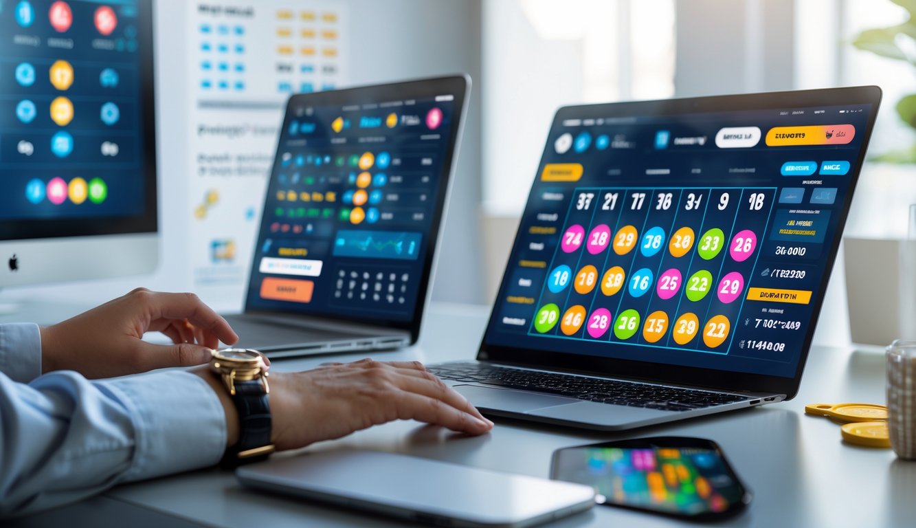 Meja kerja modern dengan laptop dan ponsel yang menampilkan antarmuka lotere dan taruhan angka.