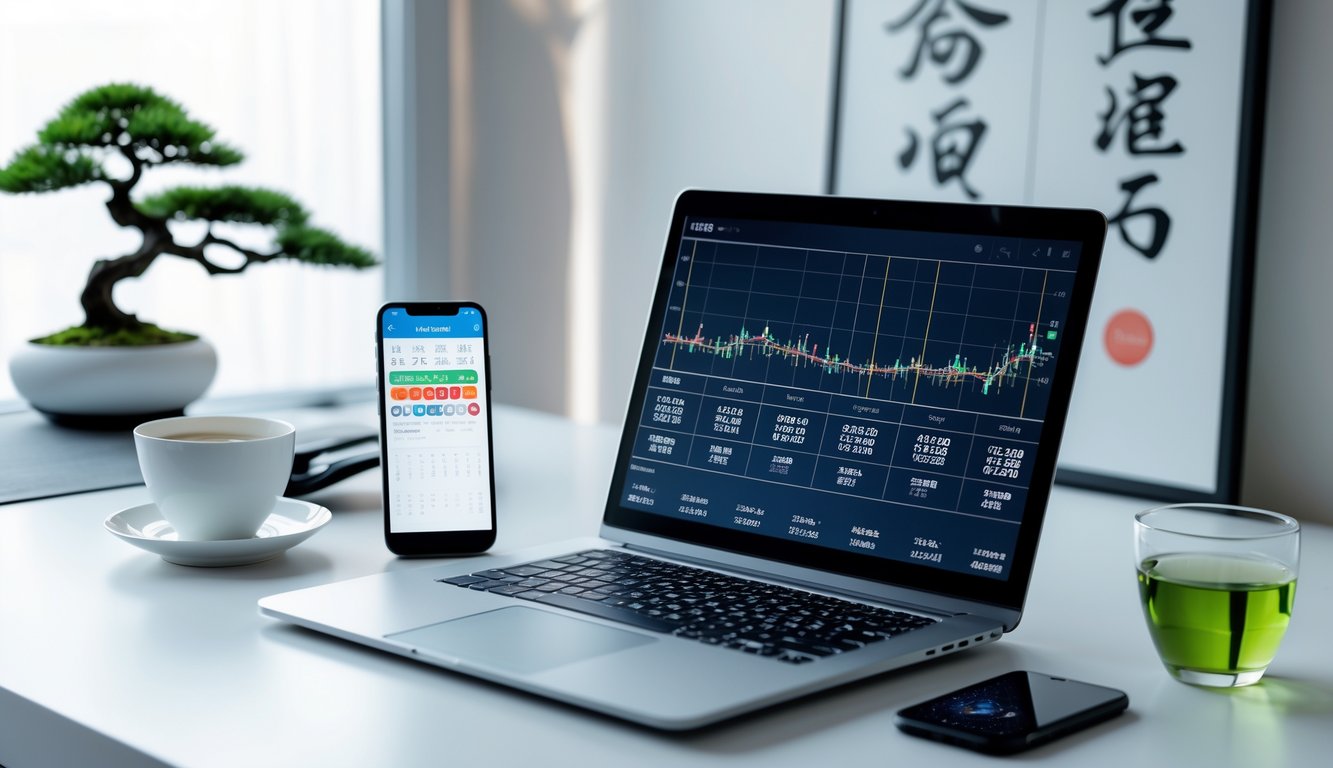 Meja kerja modern dengan laptop dan ponsel yang menampilkan grafik dan peta terkait prediksi togel Jepang, dengan tanaman bonsai kecil di latar belakang.