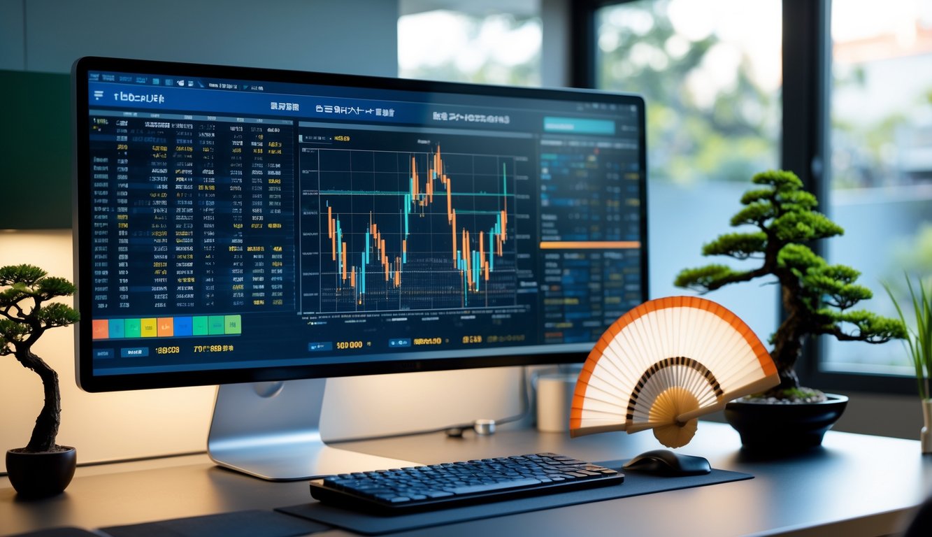 Meja kerja modern dengan layar komputer menampilkan data angka dan elemen budaya Jepang seperti bonsai dan kipas tradisional.