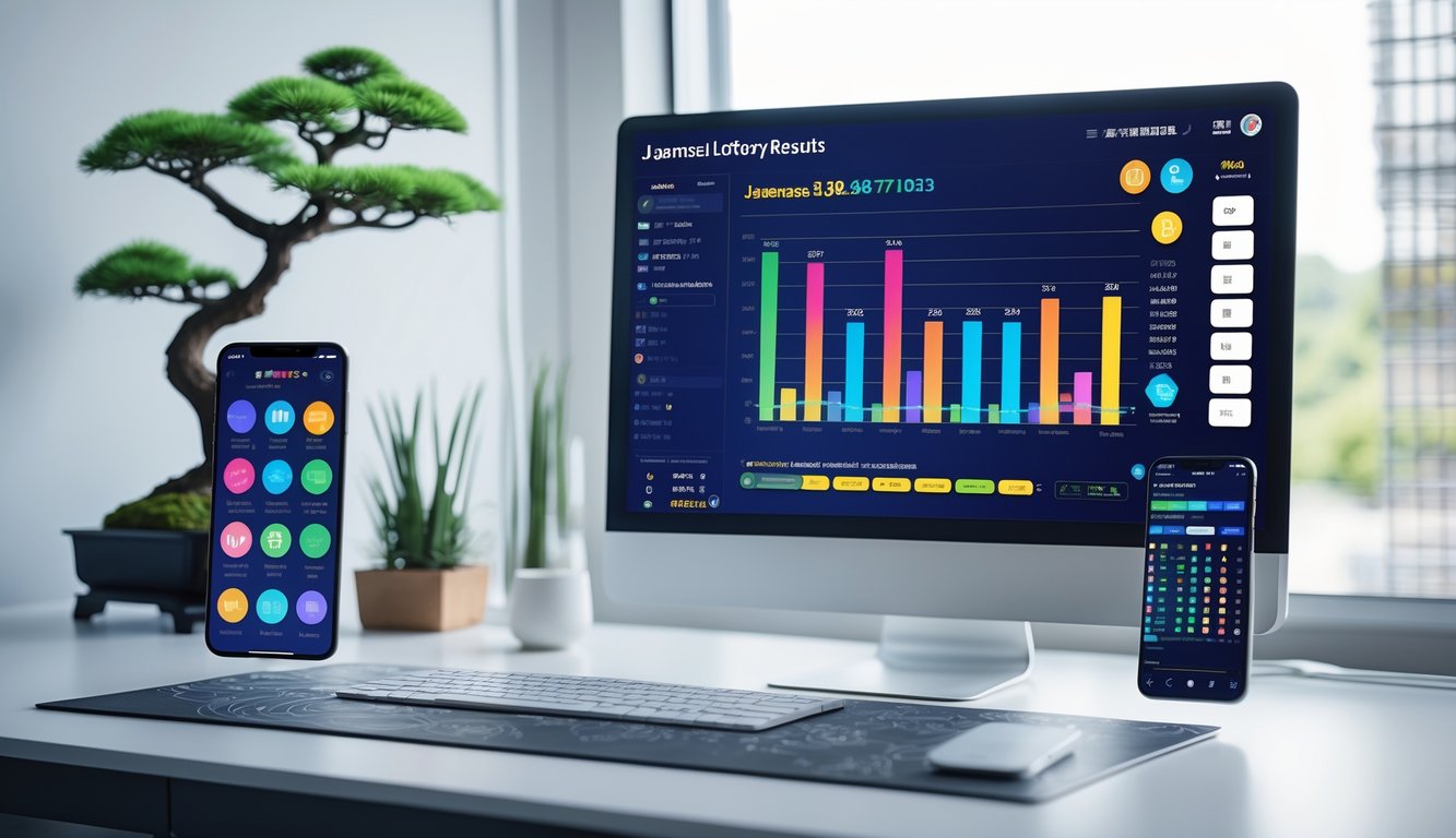 Meja kerja modern dengan komputer dan ponsel yang menampilkan grafik terkait hasil lotere Jepang, dihiasi dengan tanaman bonsai kecil.