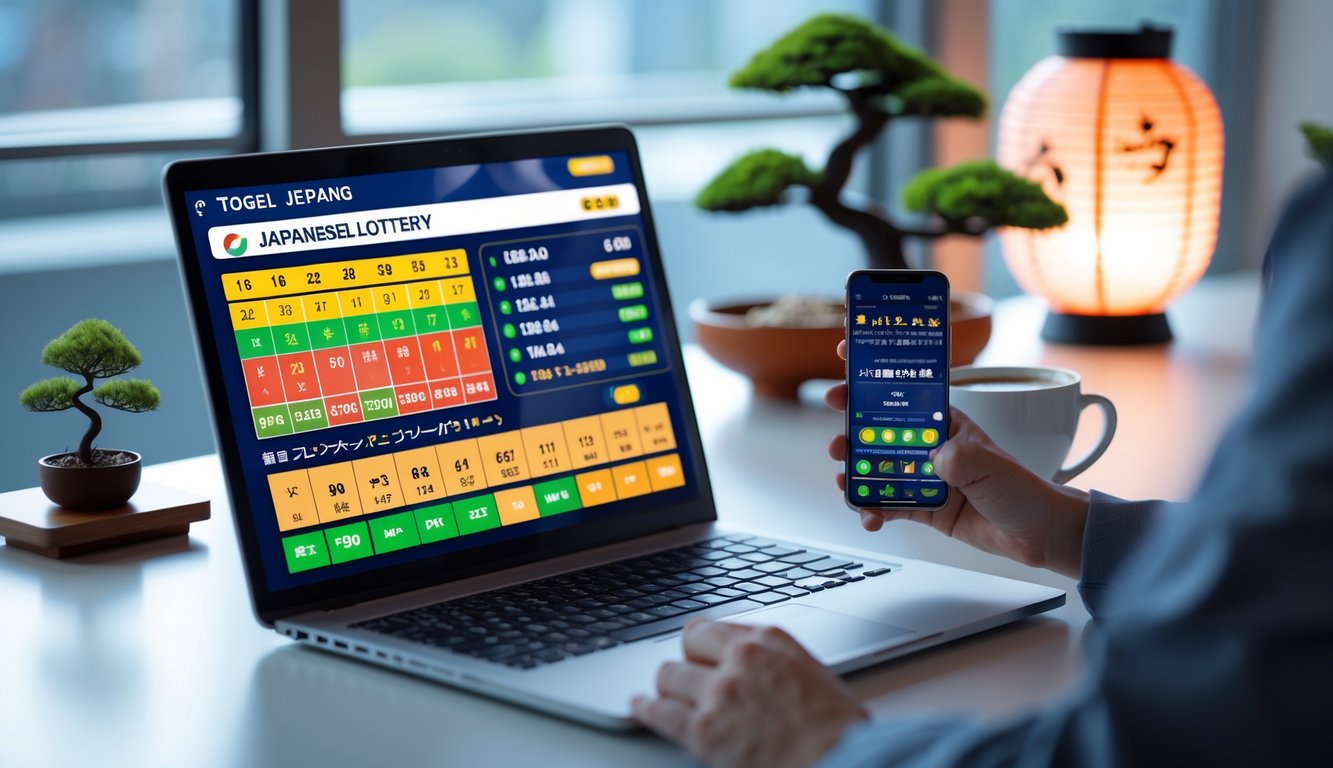 Meja kerja modern dengan laptop, ponsel, dan tanaman bonsai kecil di latar belakang.
