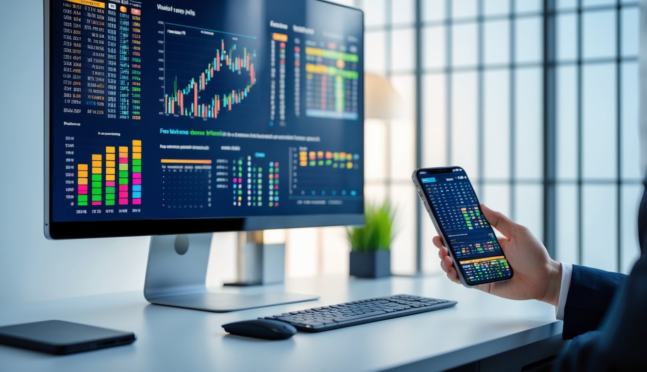 Meja kerja modern dengan komputer dan ponsel yang menampilkan grafik dan data terkait togel, dengan suasana fokus dan profesional.