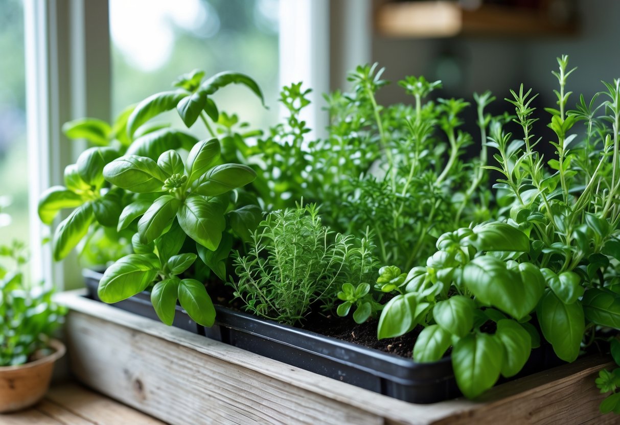 A window box filled with healthy green herbs like basil, rosemary, thyme, and parsley on a sunny windowsill in a kitchen.