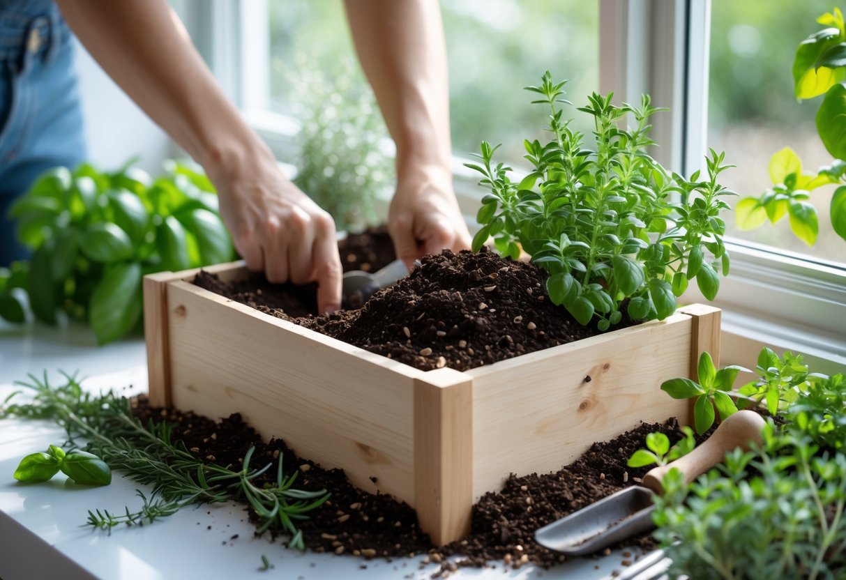 Hands preparing soil mix in a wooden window box on a windowsill with fresh herb plants nearby.