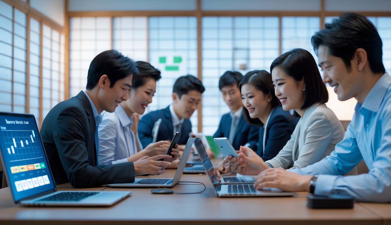 Orang-orang muda Asia menggunakan laptop dan ponsel di kantor modern dengan elemen budaya Jepang di latar belakang.