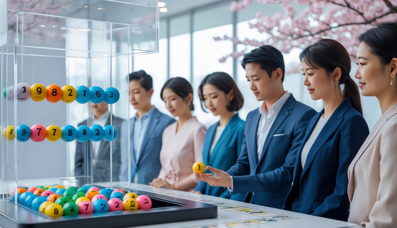 Orang-orang memperhatikan mesin undian lotre dengan bola bernomor di dalam ruangan yang terang dan bersih dengan elemen desain Jepang.