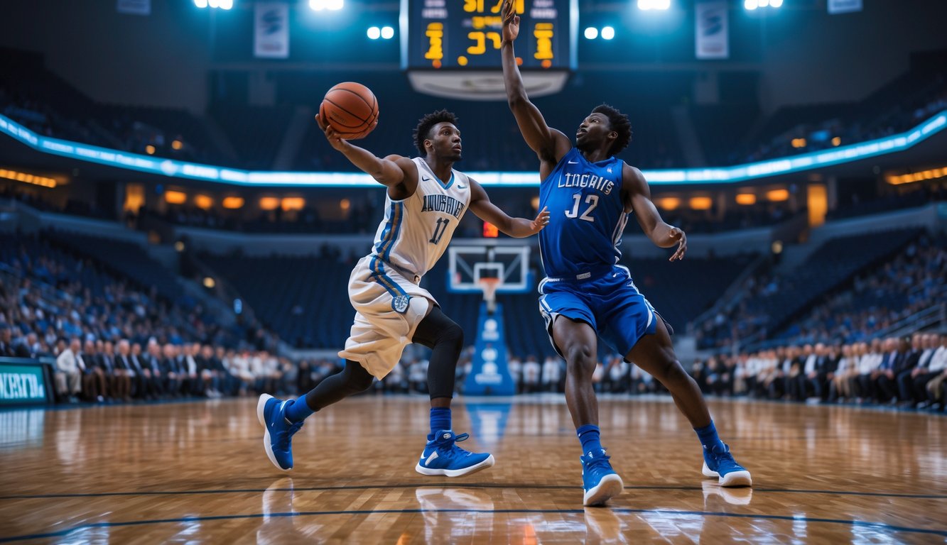 Dua pemain basket sedang beraksi di lapangan dalam pertandingan yang sengit di arena dalam ruangan.