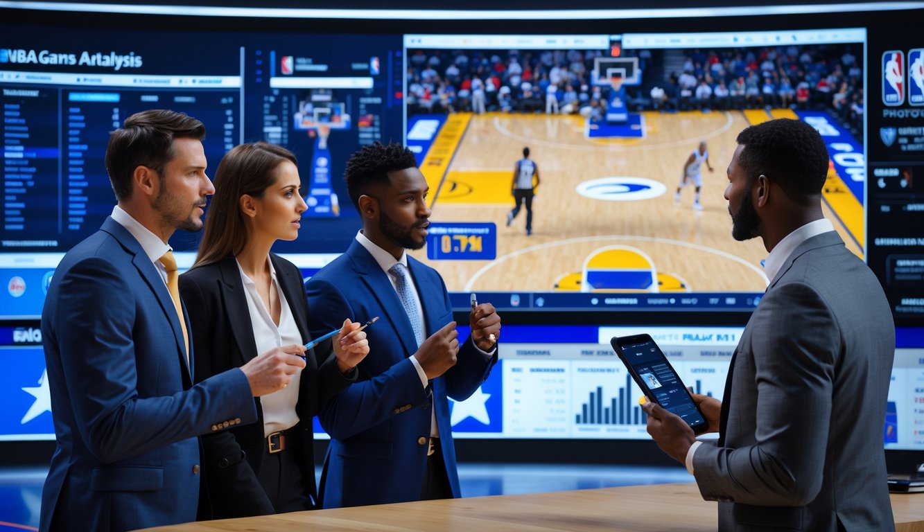 Tiga analis olahraga sedang membahas pertandingan NBA di studio dengan layar besar yang menampilkan statistik dan grafik bola basket.