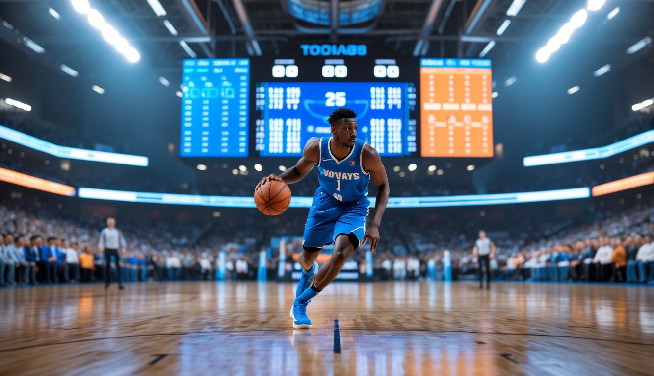 Seorang pemain basket sedang menggiring bola di lapangan dalam sebuah pertandingan dengan papan skor digital dan penonton di latar belakang.