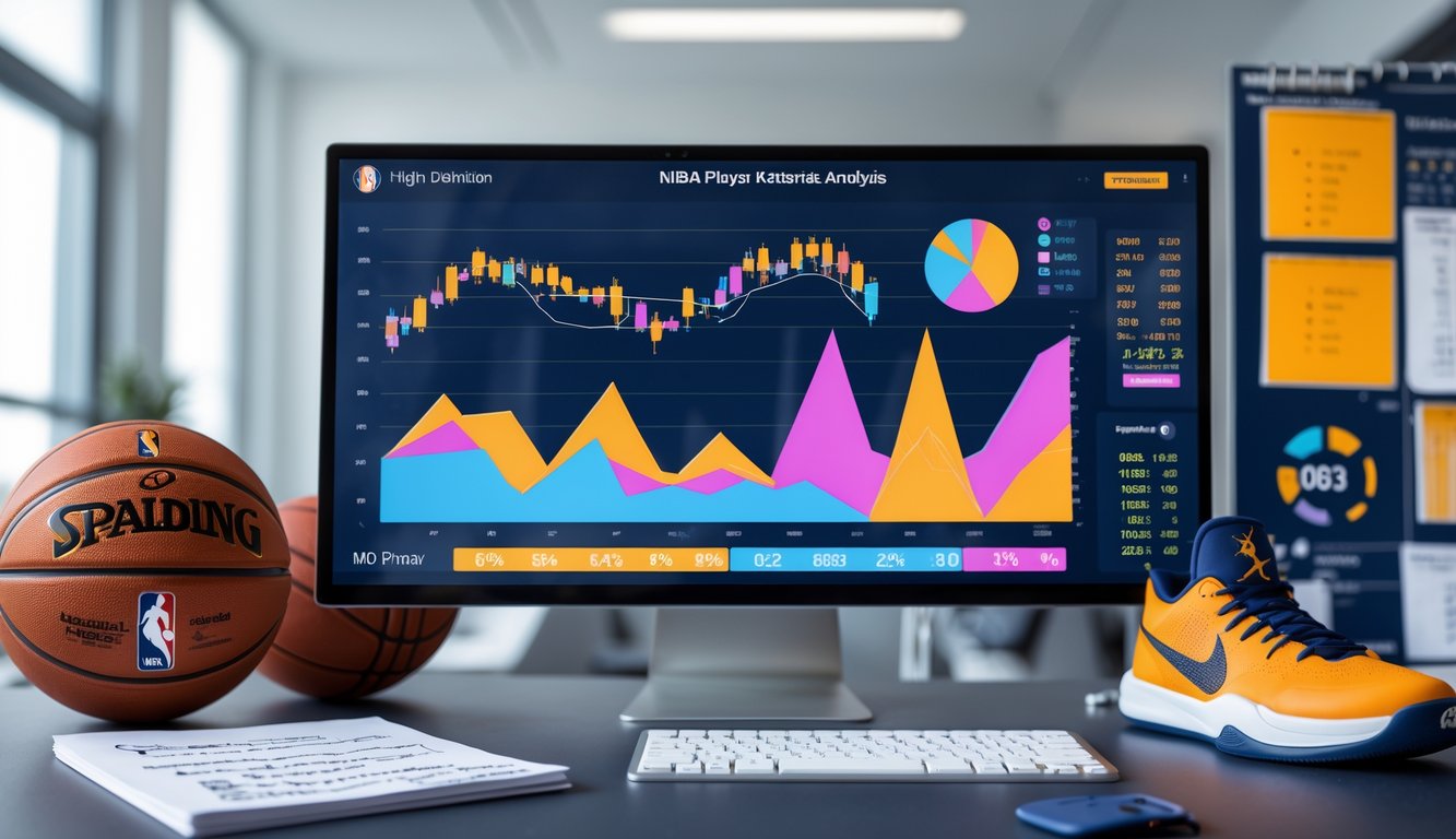 Sebuah ruang kerja modern dengan monitor komputer menampilkan grafik statistik pemain NBA dan beberapa perlengkapan bola basket di sekitarnya.