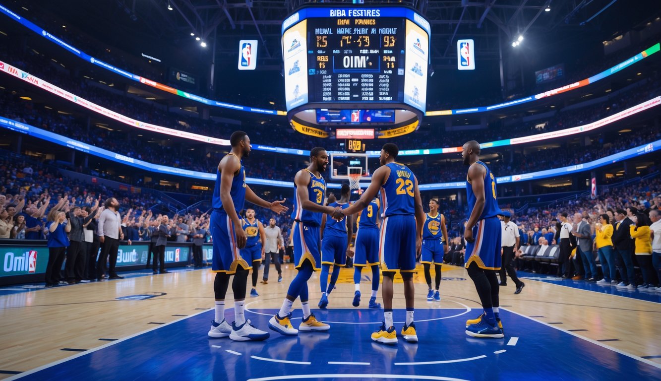 Suasana pertandingan NBA selesai dengan pemain berjabat tangan di lapangan dan penonton bersorak di tribun.