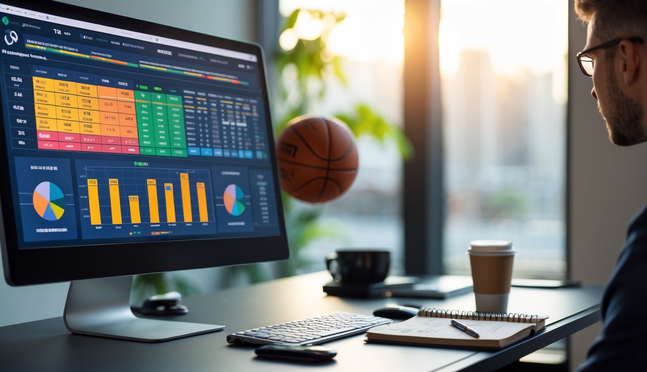 Meja kerja dengan komputer yang menampilkan statistik dan grafik pertandingan bola basket NBA, bola basket di samping, dan secangkir kopi.