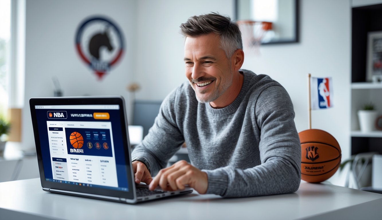 Seorang pria dewasa duduk di meja dengan laptop, fokus pada layar yang menampilkan situs taruhan bola basket NBA.
