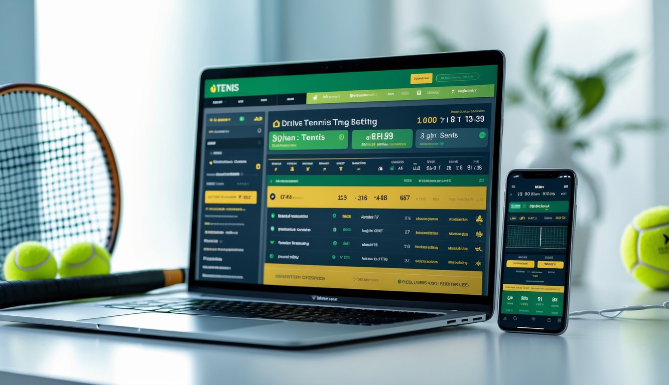 Seorang pria menggunakan laptop di meja dengan layar menampilkan situs taruhan tenis online, di sampingnya terdapat ponsel dan alat tenis seperti raket dan bola tenis.
