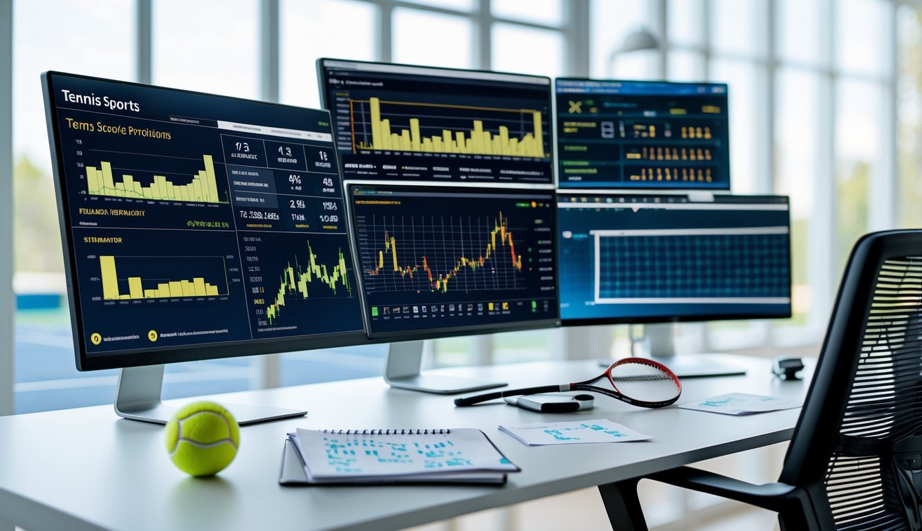 Seorang analis olahraga sedang bekerja di meja dengan beberapa layar komputer yang menampilkan statistik dan skor tenis, di sekitar terdapat bola tenis dan raket.