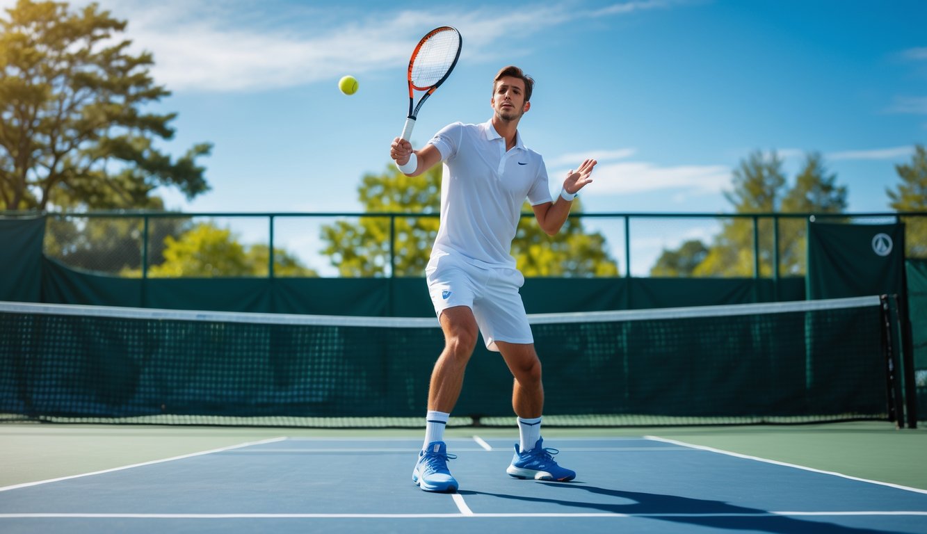 Seorang pemain tenis sedang bersiap melakukan servis di lapangan tenis luar ruangan pada hari cerah.