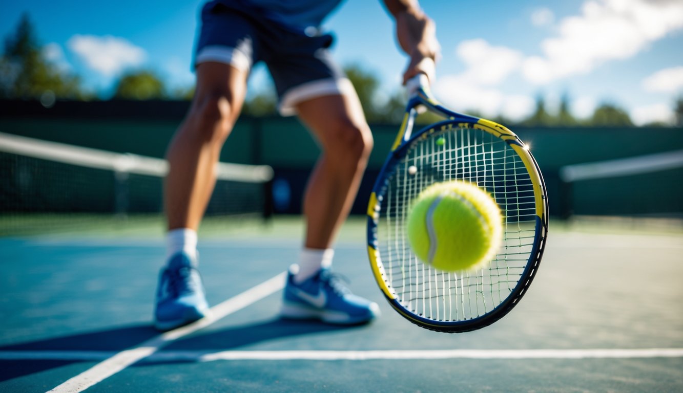 Seorang pemain tenis sedang memukul bola tenis di lapangan tenis luar ruangan dengan langit biru di latar belakang.