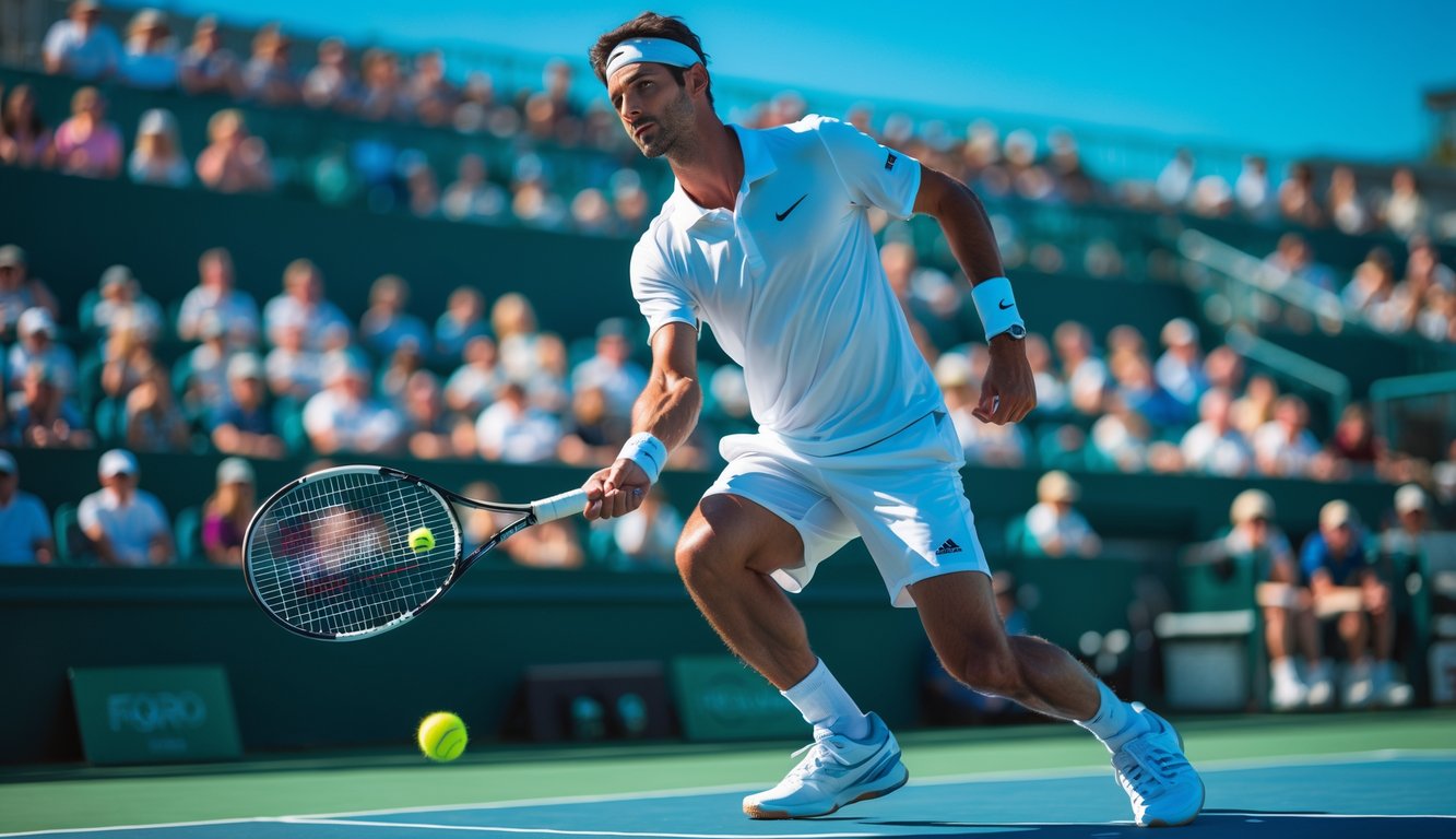 Seorang pemain tenis pria sedang bersiap memukul bola di lapangan tenis saat hari cerah.