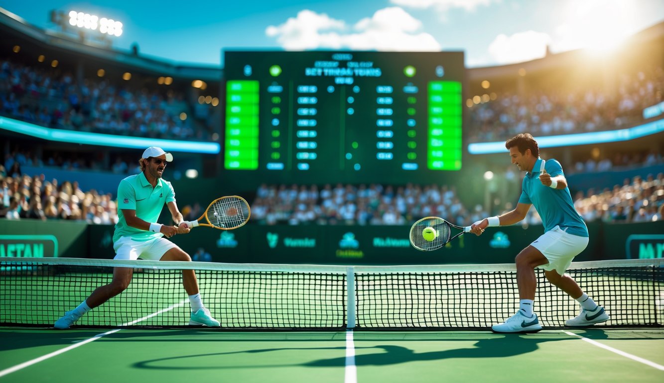 Dua pemain tenis sedang bertanding di lapangan dengan papan skor digital di latar belakang dan penonton di tribun.
