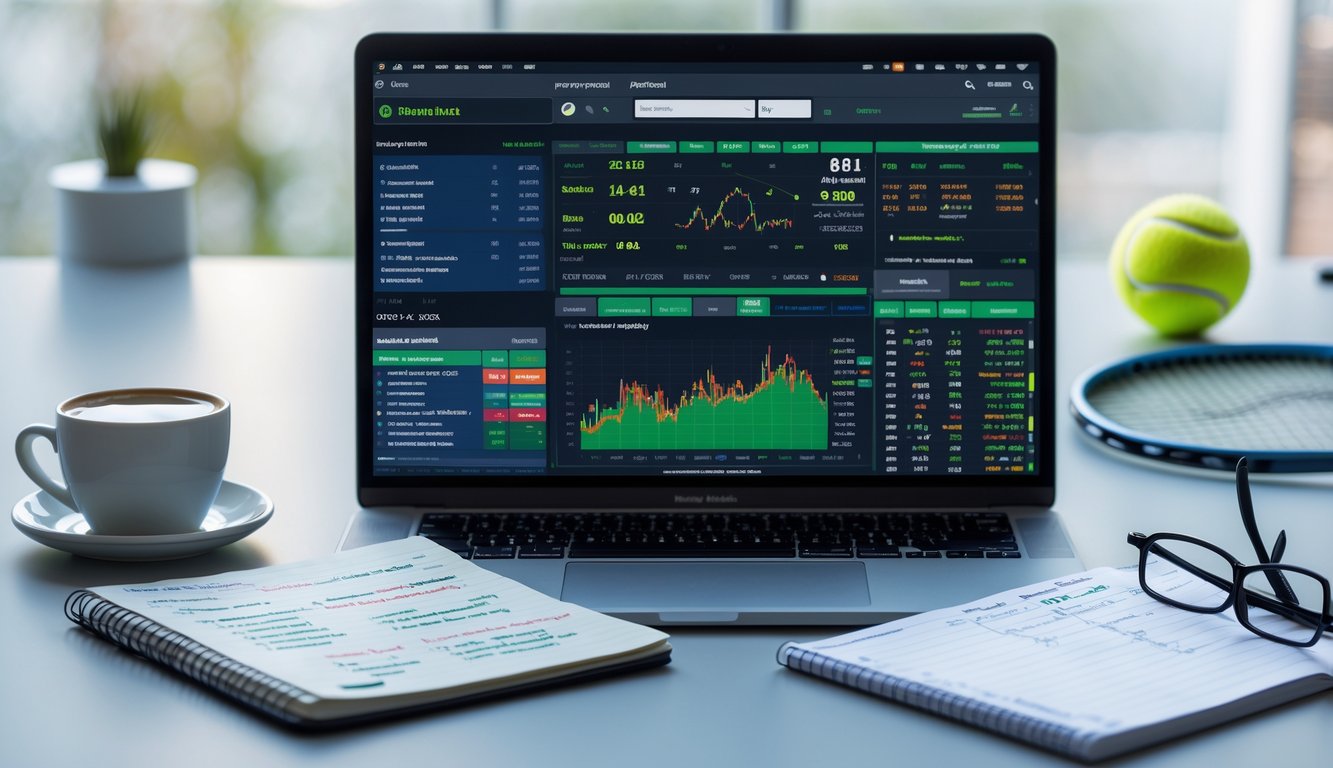 Meja kerja dengan laptop yang menampilkan statistik tenis dan catatan strategi taruhan, raket tenis dan bola di latar belakang.