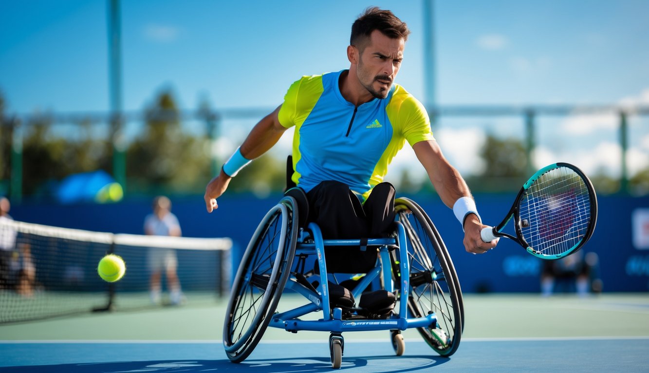 Seorang atlet tenis kursi roda sedang memukul bola tenis di lapangan luar ruangan.