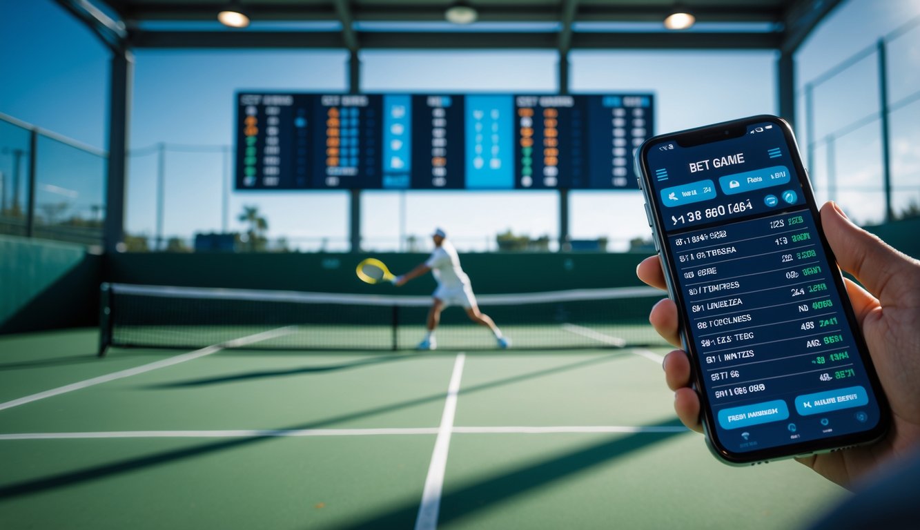 Seorang pemain tenis sedang memukul bola di lapangan dengan papan skor yang menunjukkan angka set dan game di latar belakang serta seseorang memegang ponsel yang menampilkan informasi taruhan.