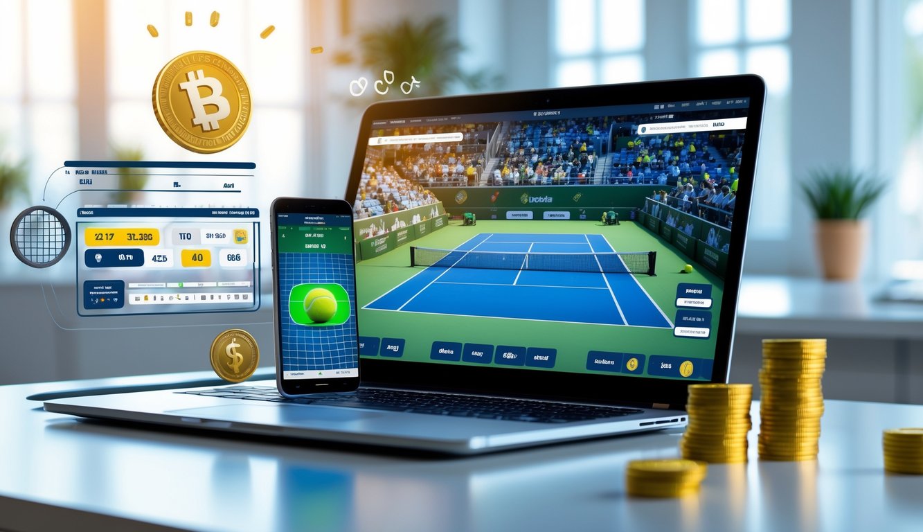 Seorang pria menggunakan laptop di meja kerja dengan pertandingan tenis yang sedang berlangsung di layar, dikelilingi oleh elemen digital yang menunjukkan taruhan online tenis.