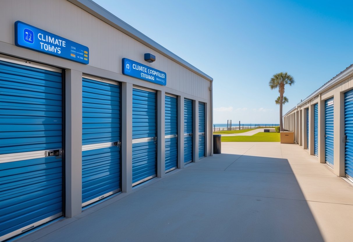 Two adjacent storage units side by side, one climate-controlled with a thermostat, and one standard unit with an open door showing stored items, set in a clean outdoor storage facility near the coast.