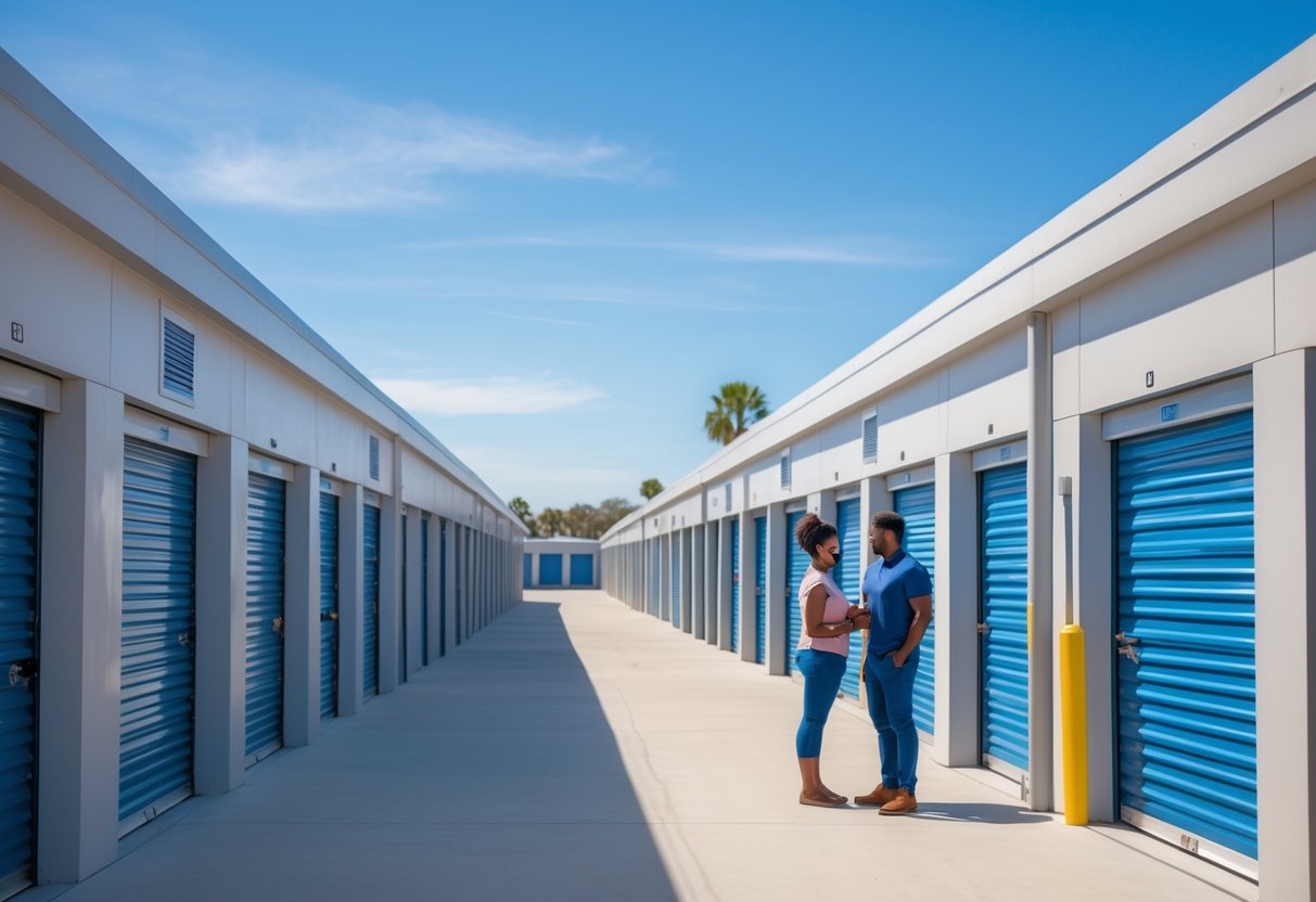 A clean storage facility with climate-controlled units and a couple inspecting their rented unit outdoors on a sunny day.