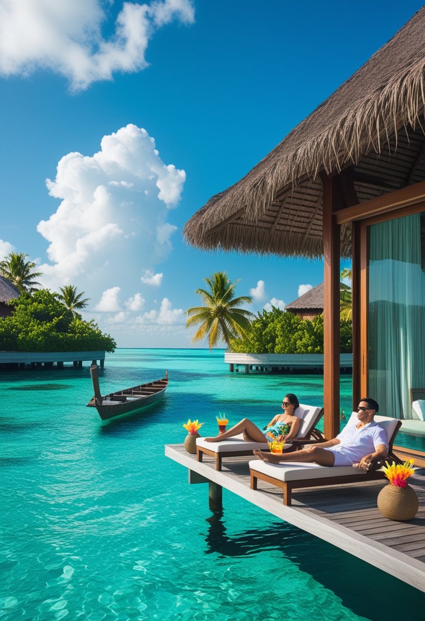 Une villa sur pilotis au-dessus d'une eau turquoise claire avec un couple se détendant sur des chaises longues, entourée de palmiers et d'un ciel bleu.