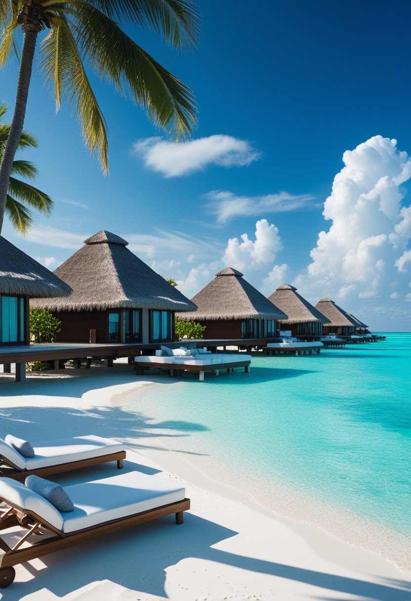 Vue d'un complexe hôtelier de luxe aux Maldives avec bungalows sur pilotis, plage de sable blanc et eau turquoise.