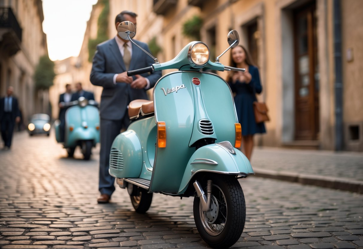 A vintage Vespa scooter parked on a cobblestone street with people nearby and historic buildings in the background.