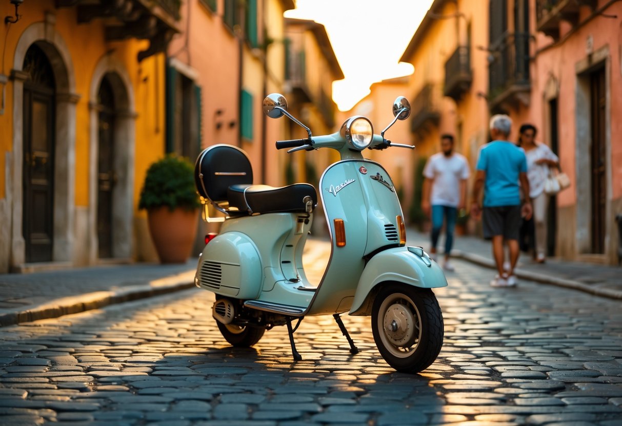 A vintage Vespa scooter parked on a cobblestone street with historic Italian buildings and people in the background.