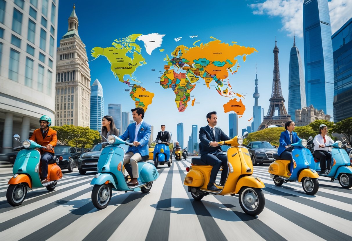 People from different cultures riding Vespa scooters on a busy city street with famous landmarks from around the world in the background.