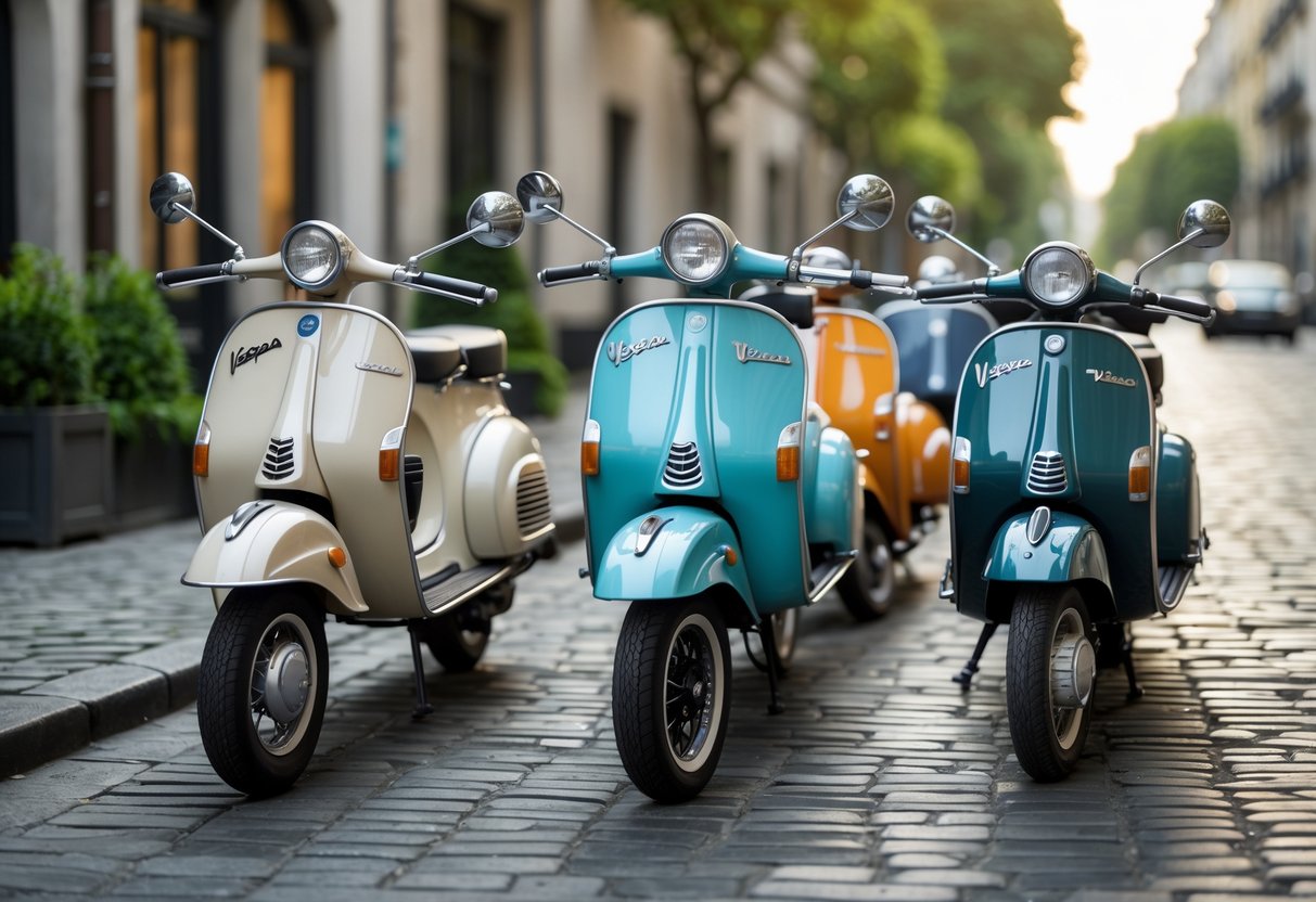 A lineup of Vespa scooters from different eras displayed on a cobblestone street with buildings and greenery in the background.