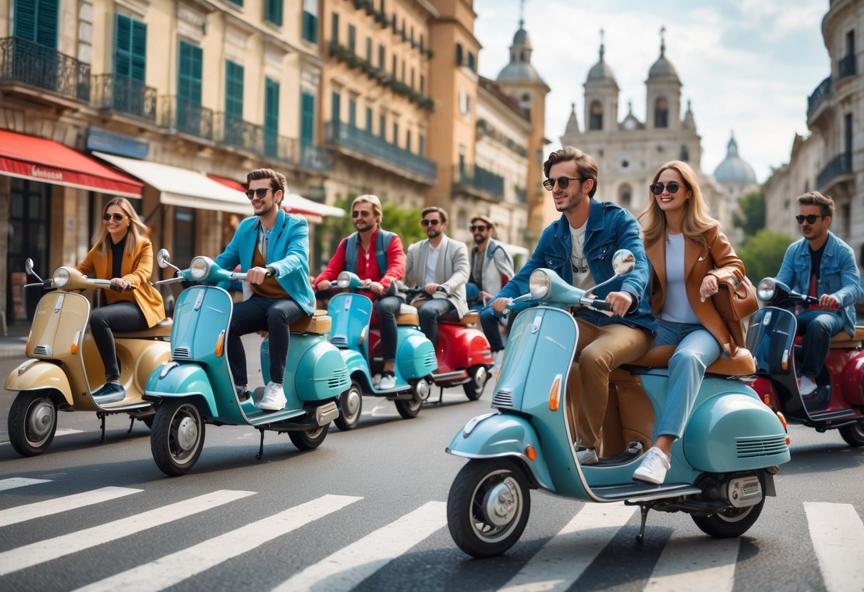 A group of young adults riding Vespa scooters through a lively city street with historic buildings in the background.