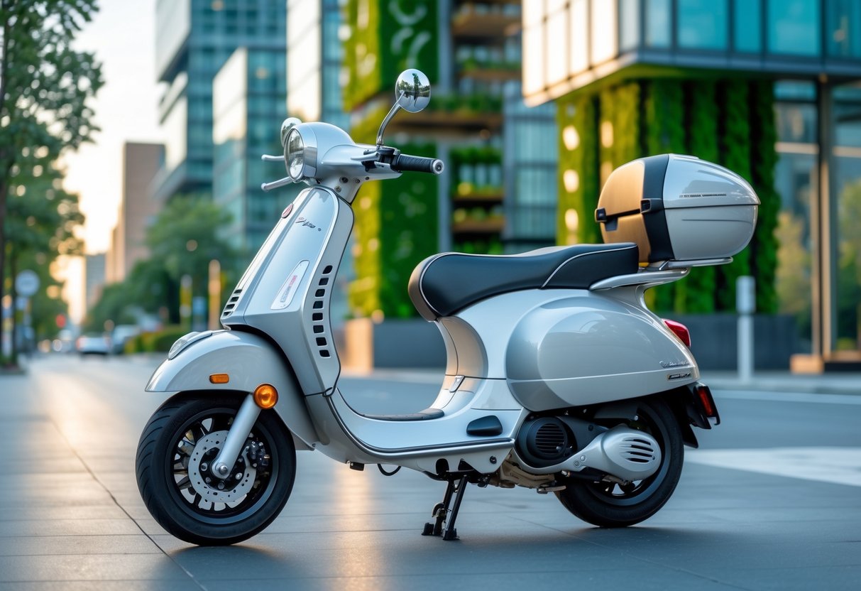 A modern Vespa scooter parked on a city street with glass buildings and greenery in the background.