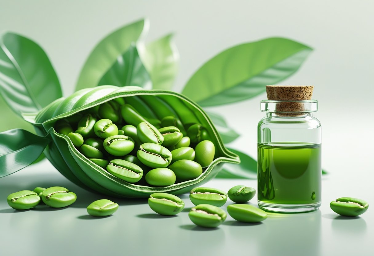 Close-up of fresh green coffee beans with green leaves and a small vial of greenish liquid representing extract on a light background.