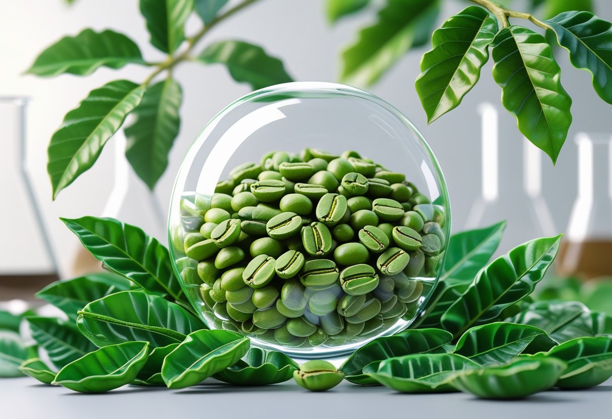 Close-up of green coffee beans inside a coffee pod surrounded by green coffee leaves with a blurred laboratory background.