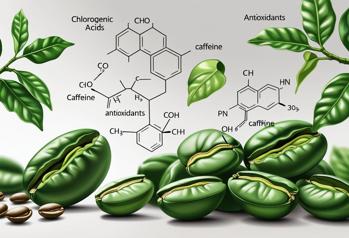 Illustration of green coffee beans with molecular structures of their key active compounds around them.