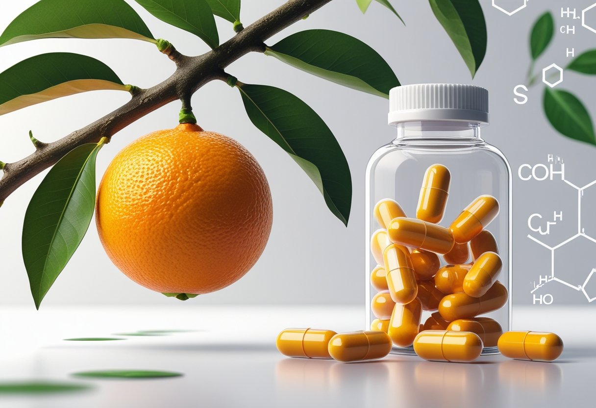 A close-up of a bitter orange fruit on a branch with green leaves next to a glass bottle filled with orange supplement capsules.