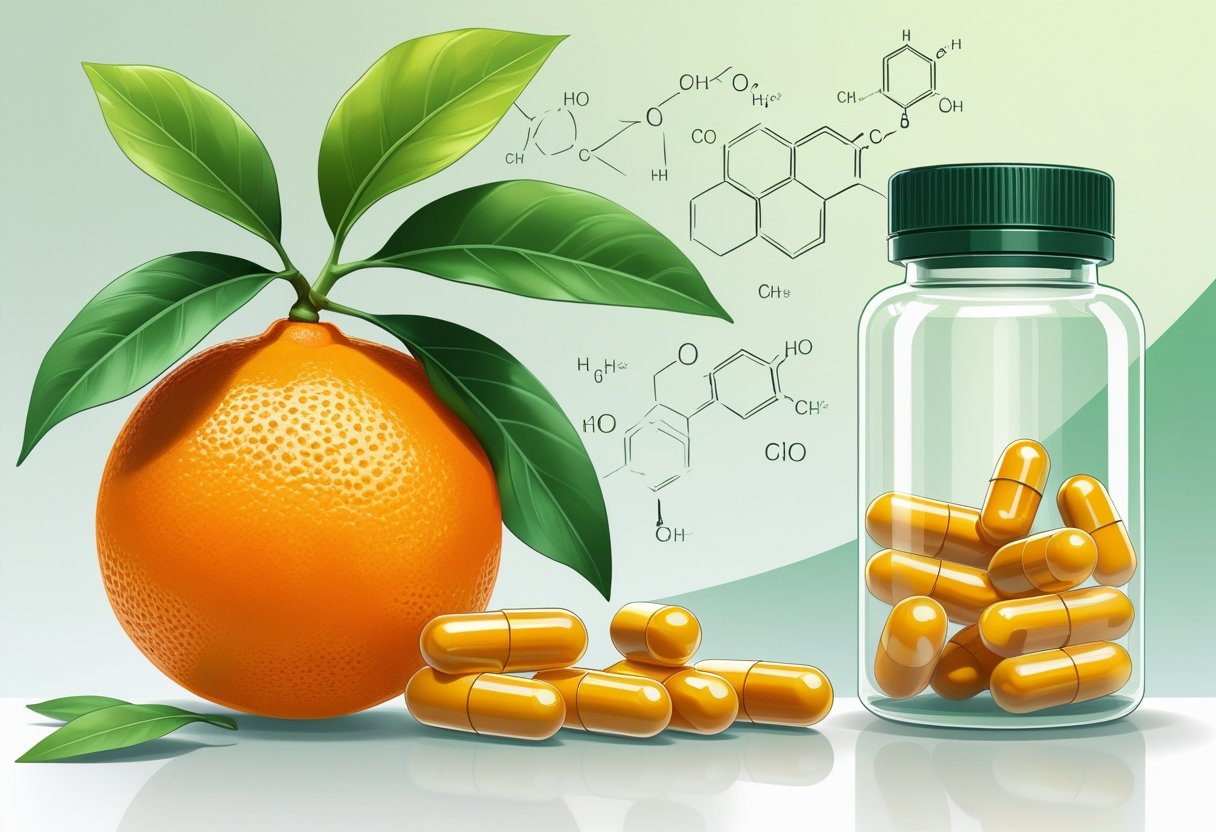 Close-up of a bitter orange fruit next to supplement capsules and a glass bottle, with subtle scientific symbols in the background.