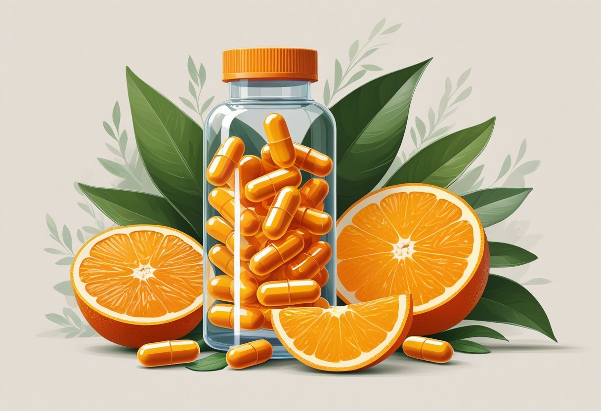 A bottle of orange capsules next to whole and sliced bitter oranges with green leaves on a neutral background.