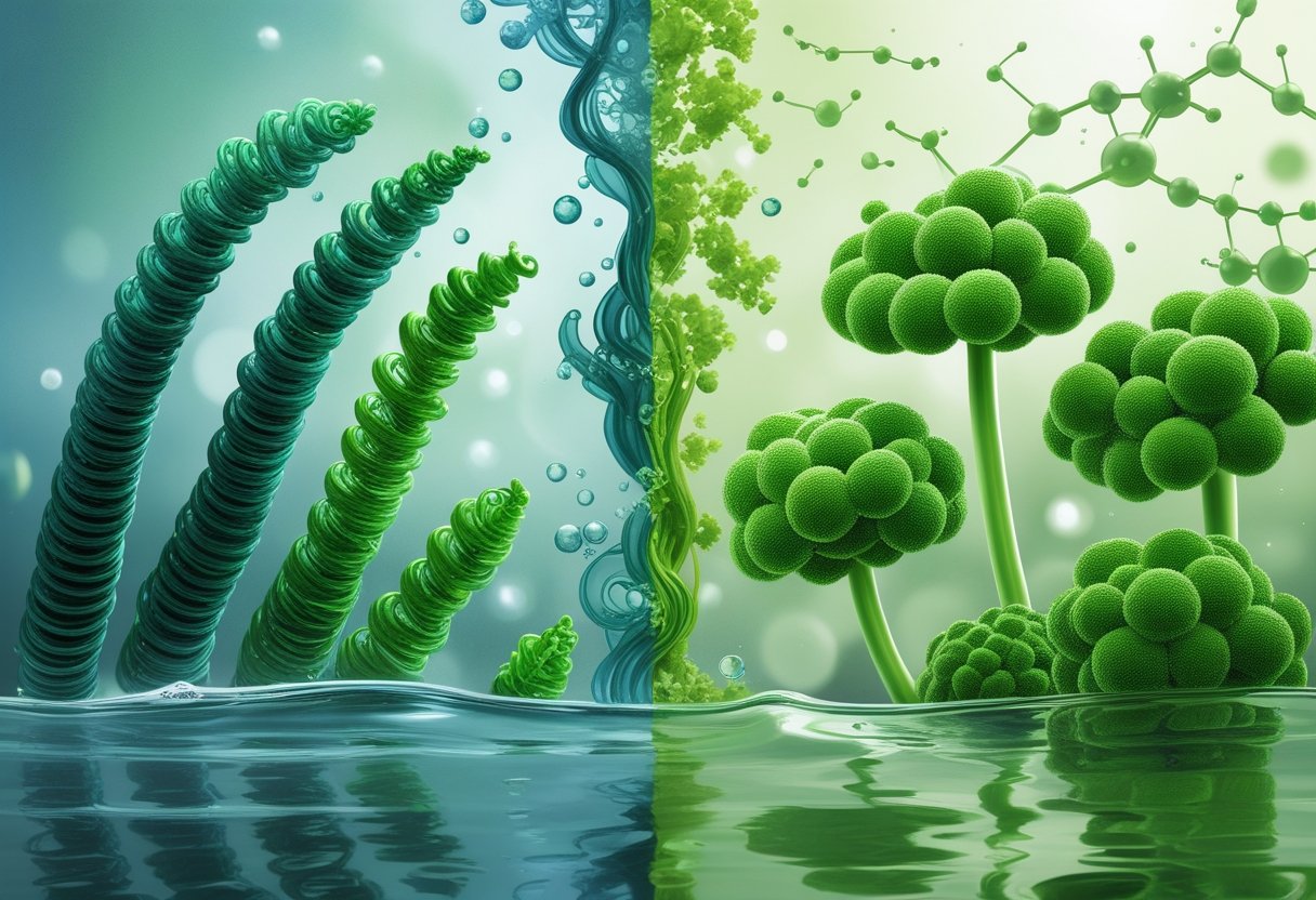 An illustration showing Spirulina algae as spiral-shaped strands on the left and Chlorella algae as small green spheres on the right, both floating in water with a split background.