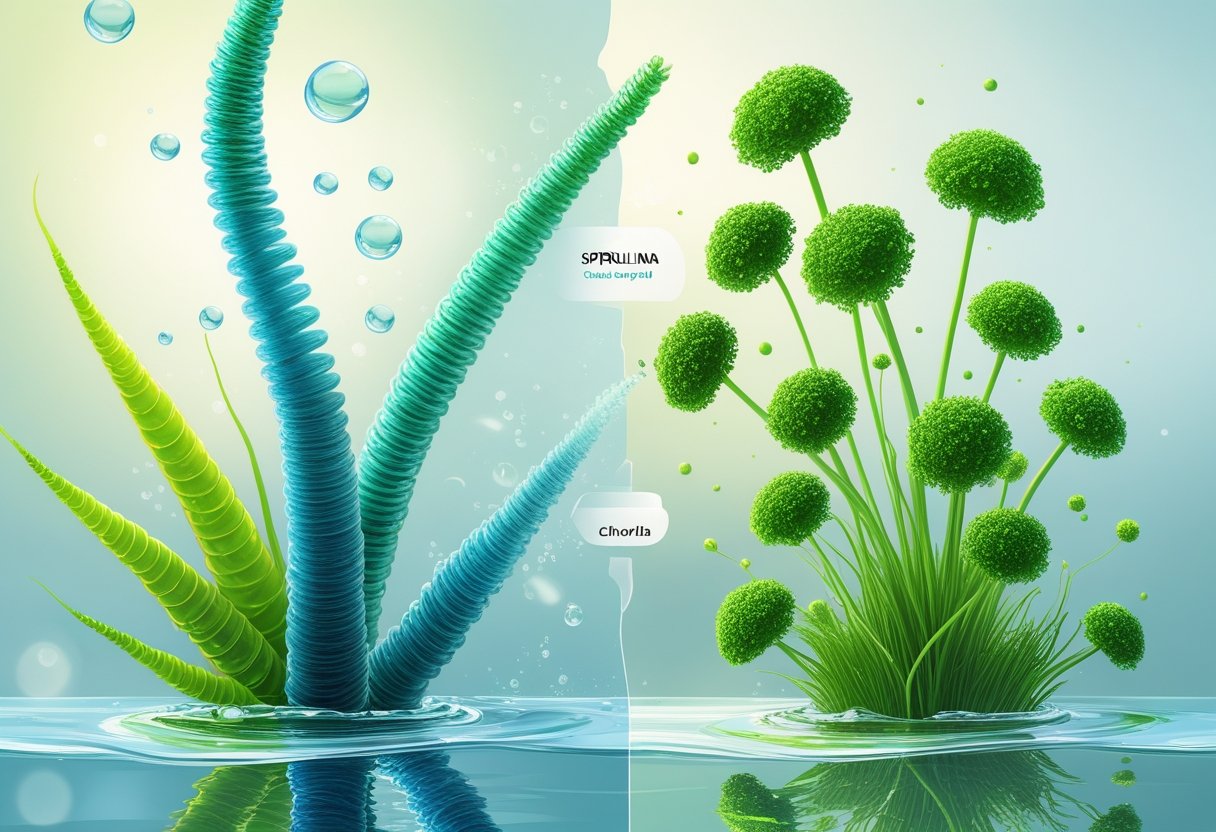 Illustration showing spirulina as spiral-shaped blue-green algae on one side and chlorella as small round green algae on the other side in a clear water environment.